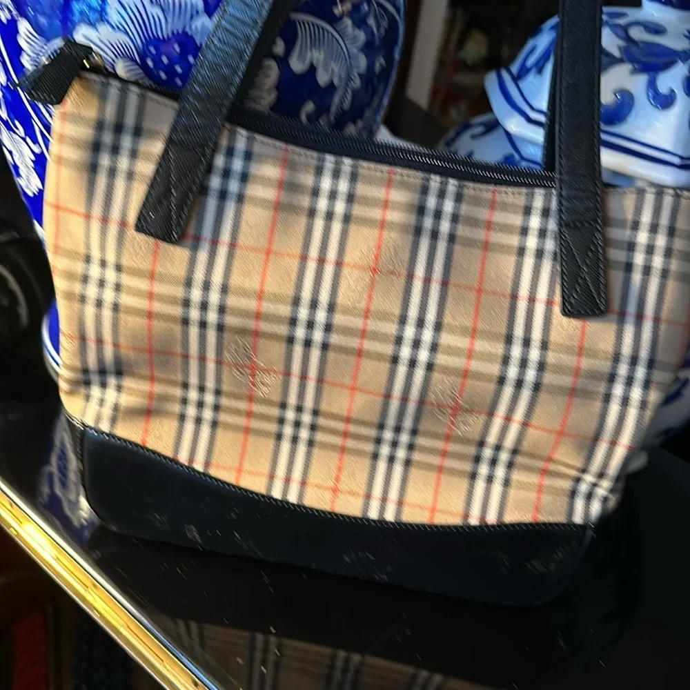 Burberry Nova Check Tote with Black Leather Trim with COA!